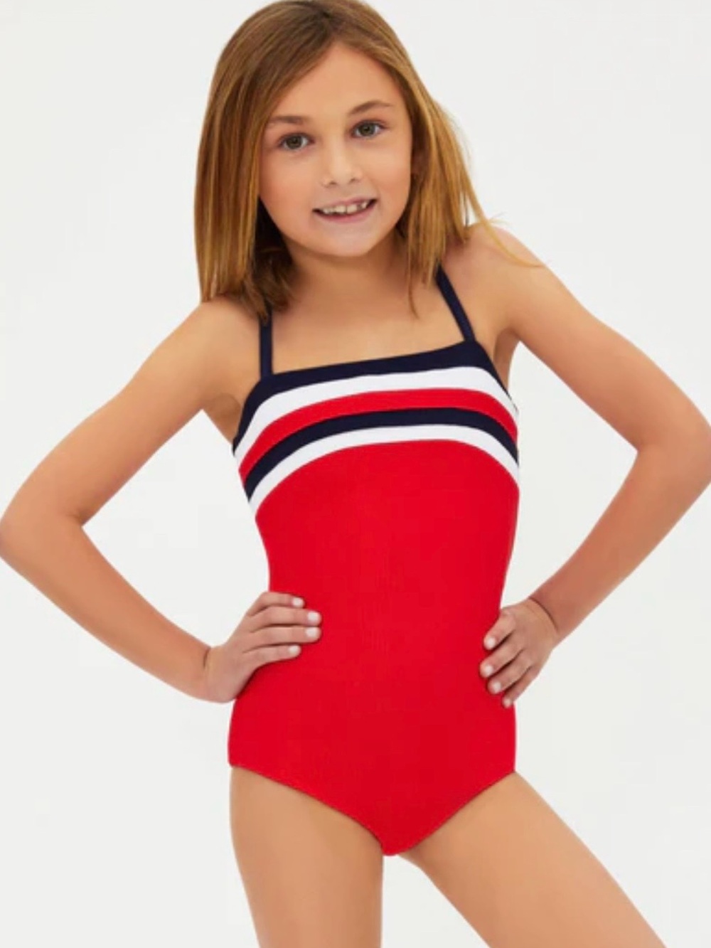 Beach Riot Girls Red One-Piece Swimsuit with Navy and White Trim. Size 5/6